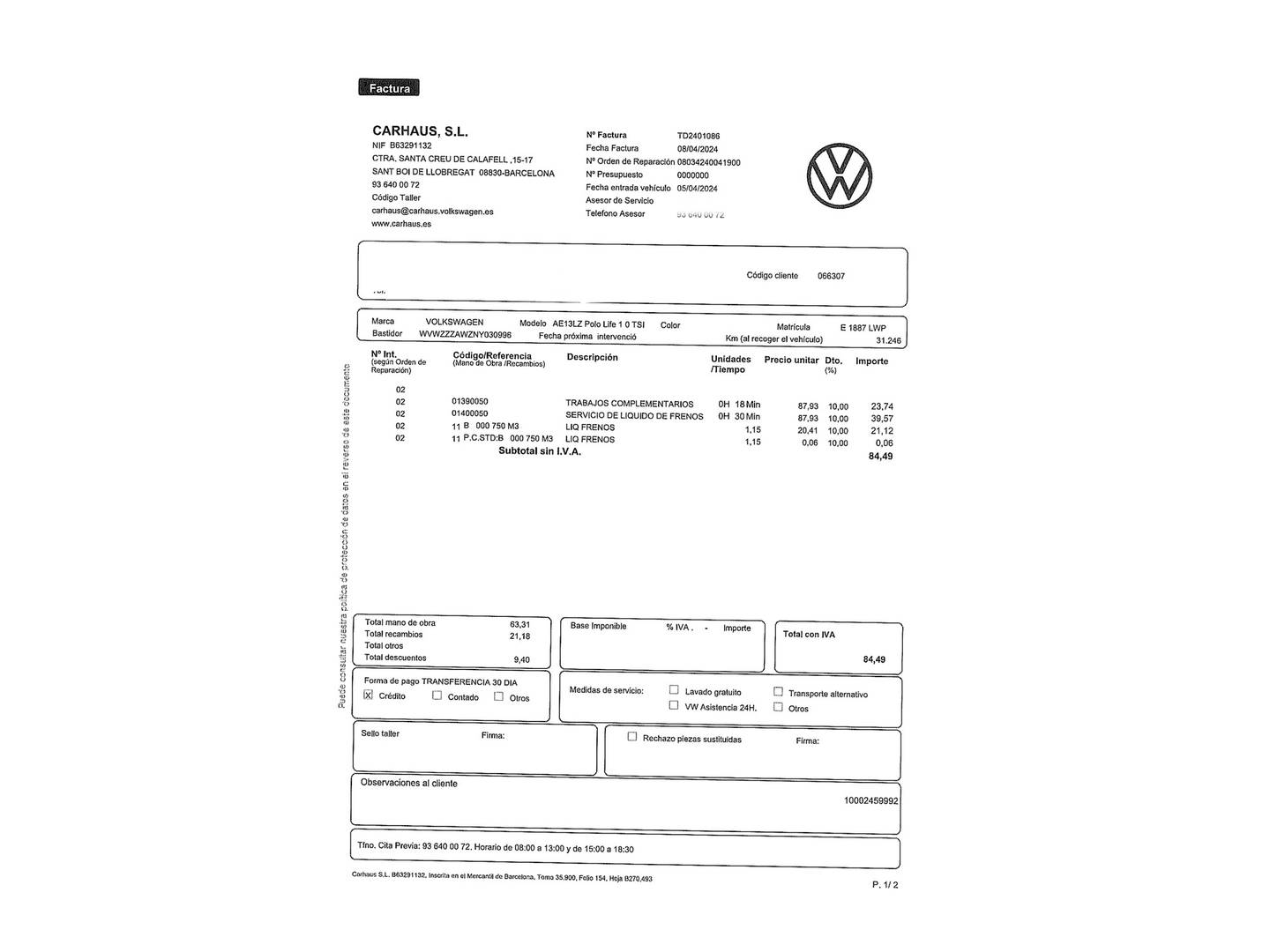 Foto del mantenimiento del Volkswagen Polo Volkswagen Polo Life 1.0 TSI (95 CV) DSG