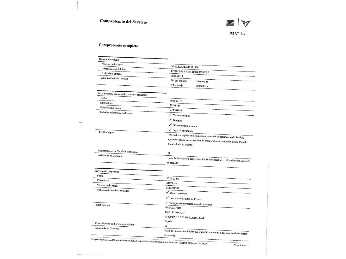 Foto del mantenimiento del Cupra Formentor CUPRA Formentor 1.5 TSI DSG (150 CV)
