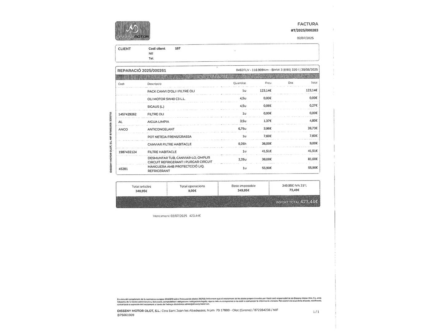 Foto del mantenimiento del BMW Serie 3 BMW Serie 3 320i (150 CV)