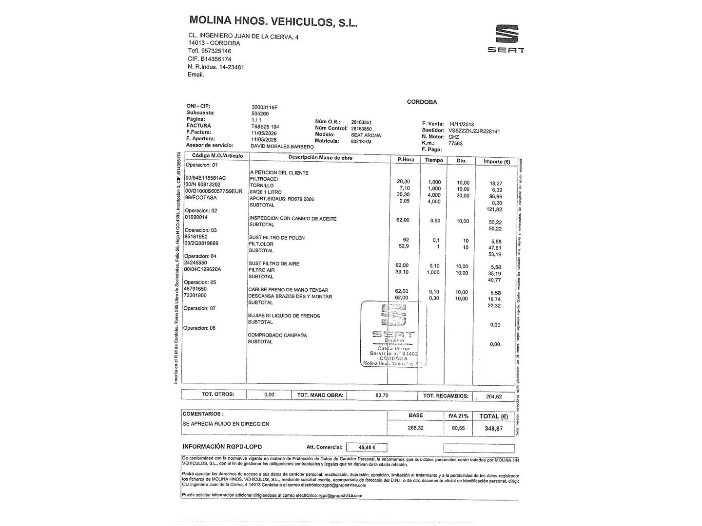 Foto del mantenimiento del Seat Arona Seat Arona 1.0 TSI Ecomotive S&S Style (95 CV)