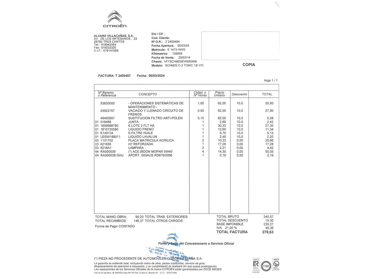 Foto del mantenimiento del Citroën C3 Citroën C3 VTI 82 Collection (82 CV)