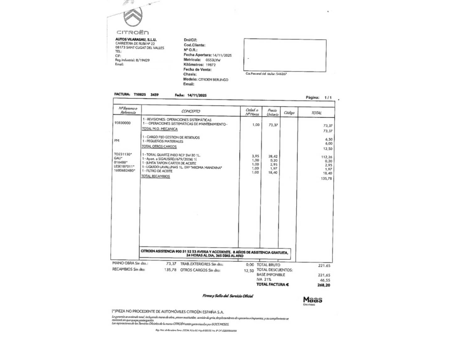 Foto del mantenimiento del Citroën Berlingo Citroën Berlingo BlueHDi 130 S&S Talla M Shine (130 CV)