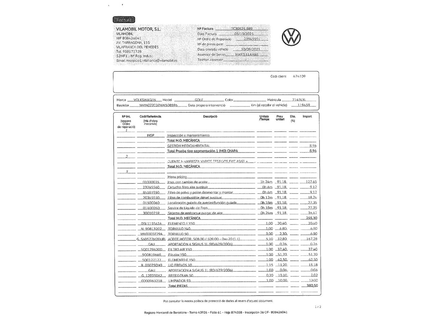 Foto del mantenimiento del Volkswagen Golf Volkswagen Golf Variant Life 2.0 TDI  (115 CV)