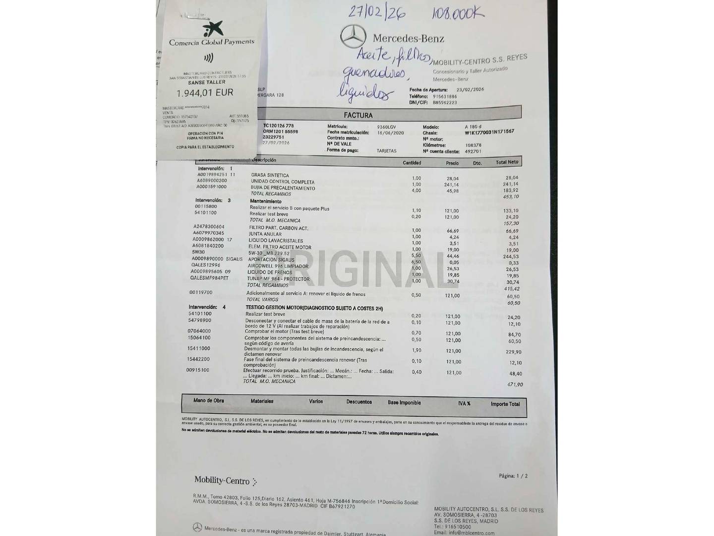 Foto del mantenimiento del Mercedes Clase A Mercedes Clase A 180 d (116 CV) Pack AMG