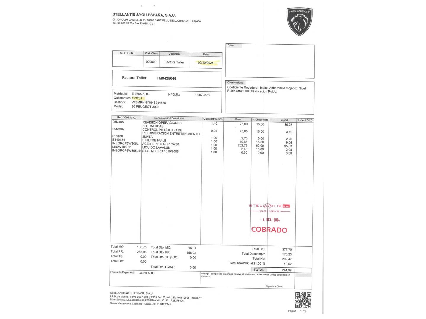 Foto del mantenimiento del Peugeot 3008 Peugeot 3008 PureTech 130 S&S GT Line (130 CV)
