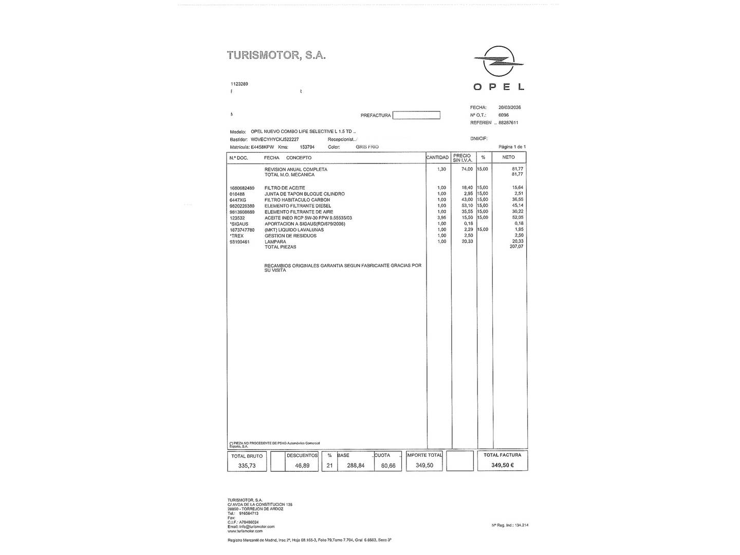 Foto del mantenimiento del Opel Combo Life Opel Combo Life 1.5 TD S&S Selective L (100 CV)
