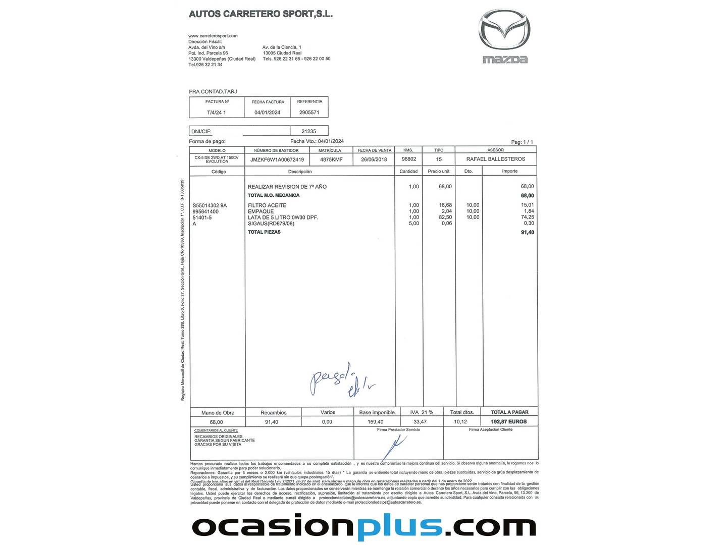 Foto del mantenimiento del Mazda CX-5 Mazda CX-5 2.2 DE Evolution 2WD Auto (150 CV)