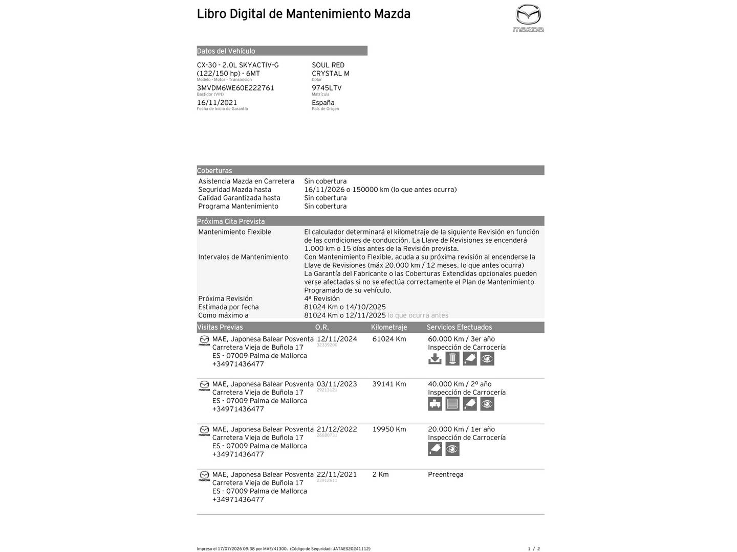 Foto del mantenimiento del Mazda CX-30 Mazda CX-30 2.0 e-Skyactiv-G Zenith (122 CV)