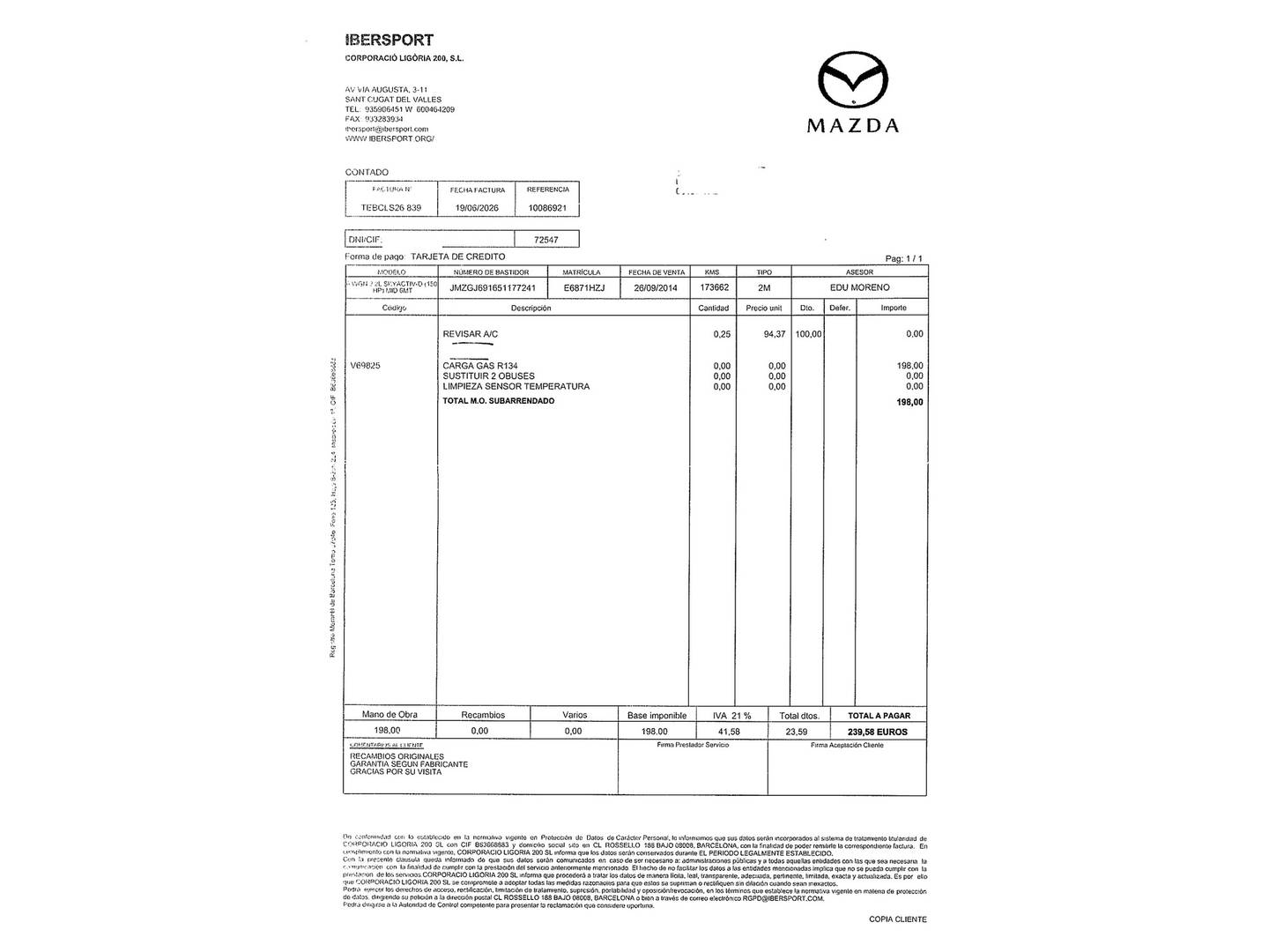 Foto del mantenimiento del Mazda Mazda6 Mazda Mazda 6 2.2 DE WAGON Style + Pack Safety (150 CV)