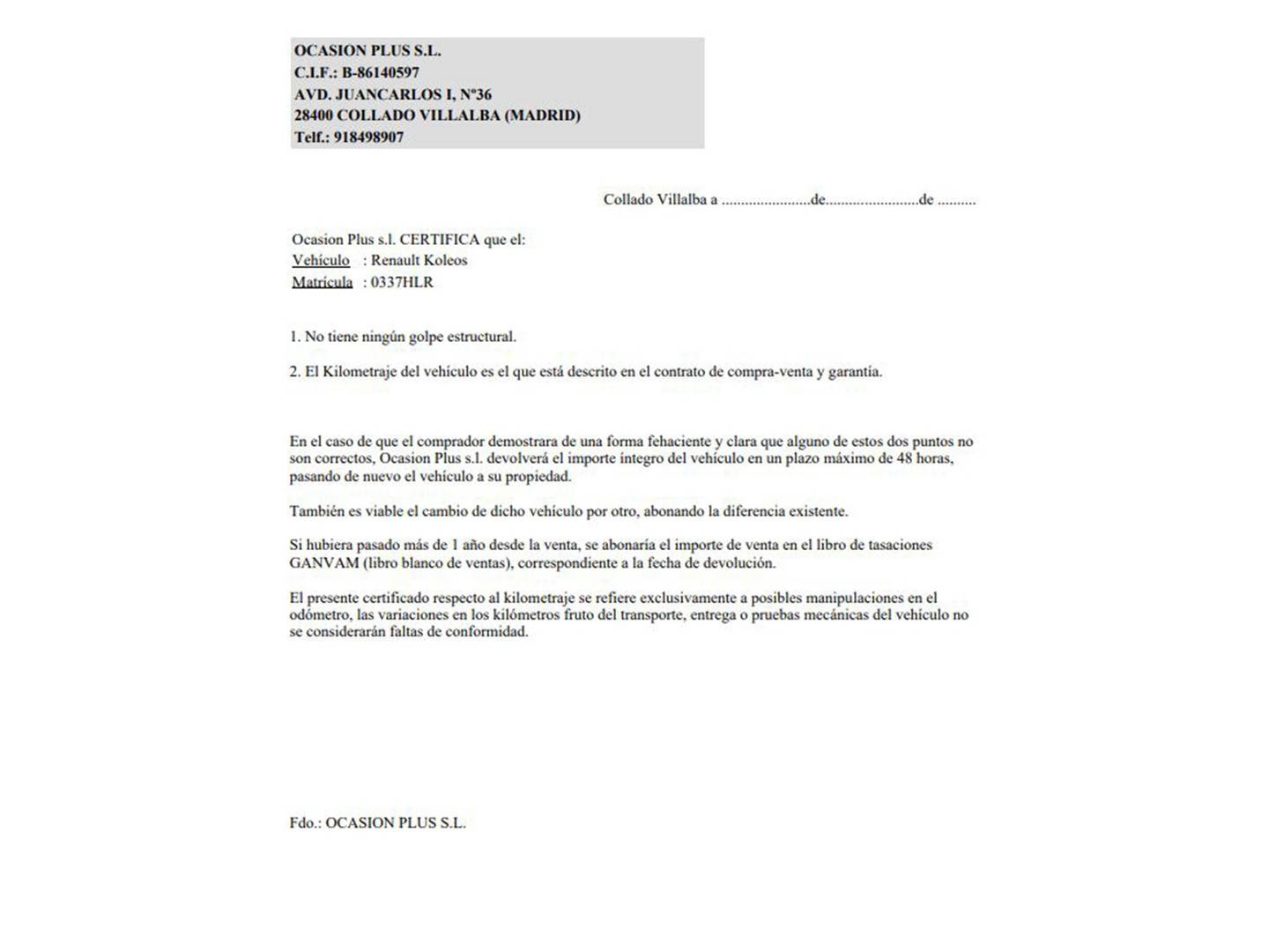Foto del certificado del Renault Koleos Renault Koleos 2.0 dCi Bose Edition 4x2 (150 CV)