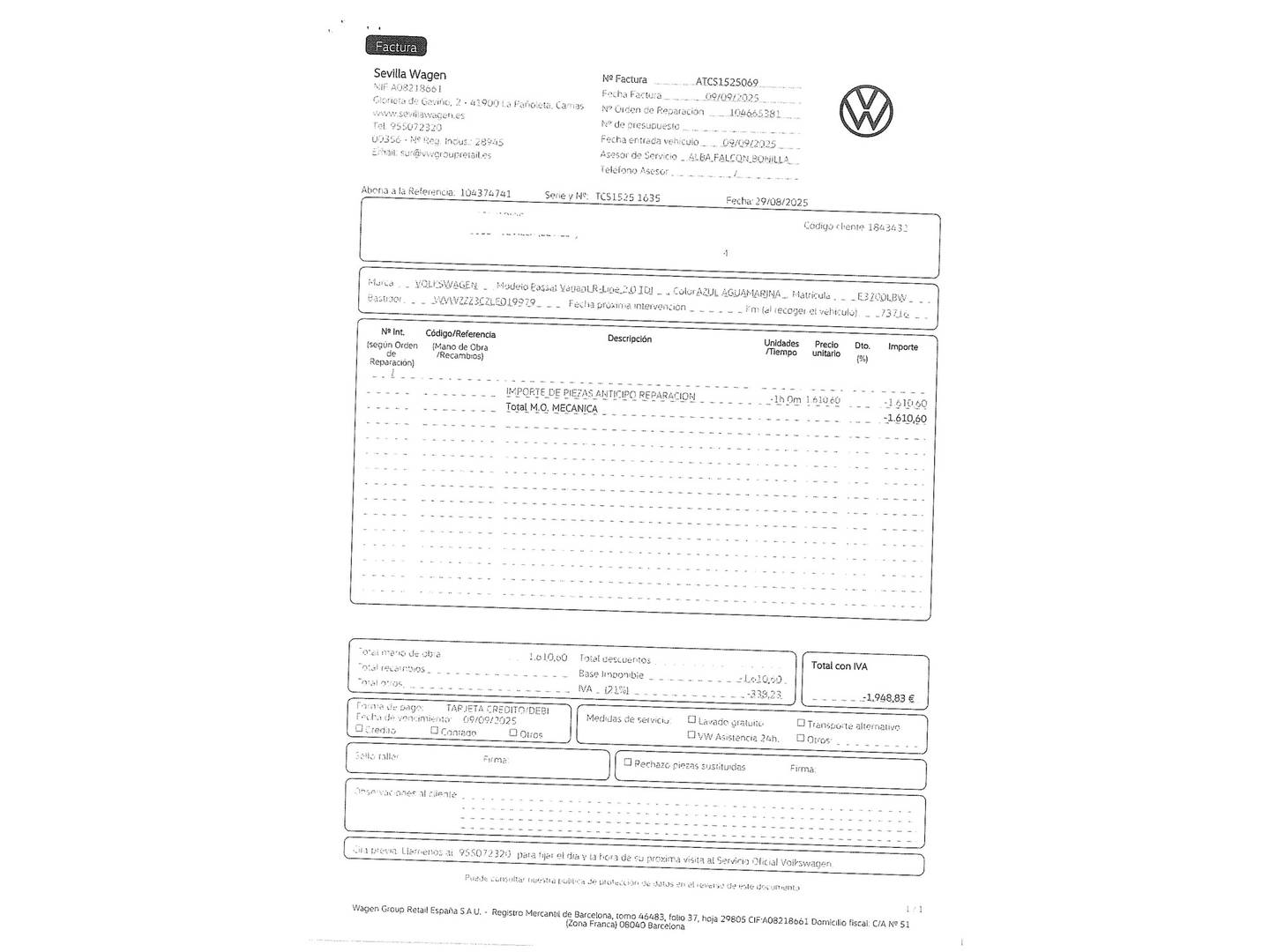 Foto del mantenimiento del Volkswagen Passat Volkswagen Passat Variant Variant R-Line 2.0 TDI (150 CV) DSG R-Line