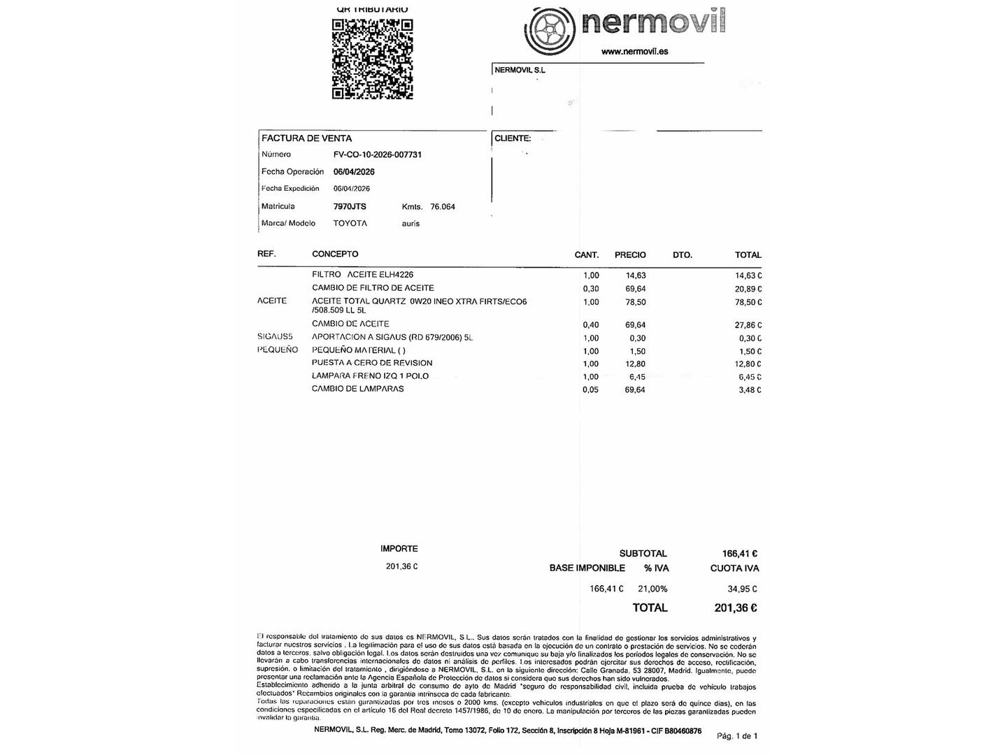 Foto del mantenimiento del Toyota Auris Toyota Auris 120T Active (116 CV)