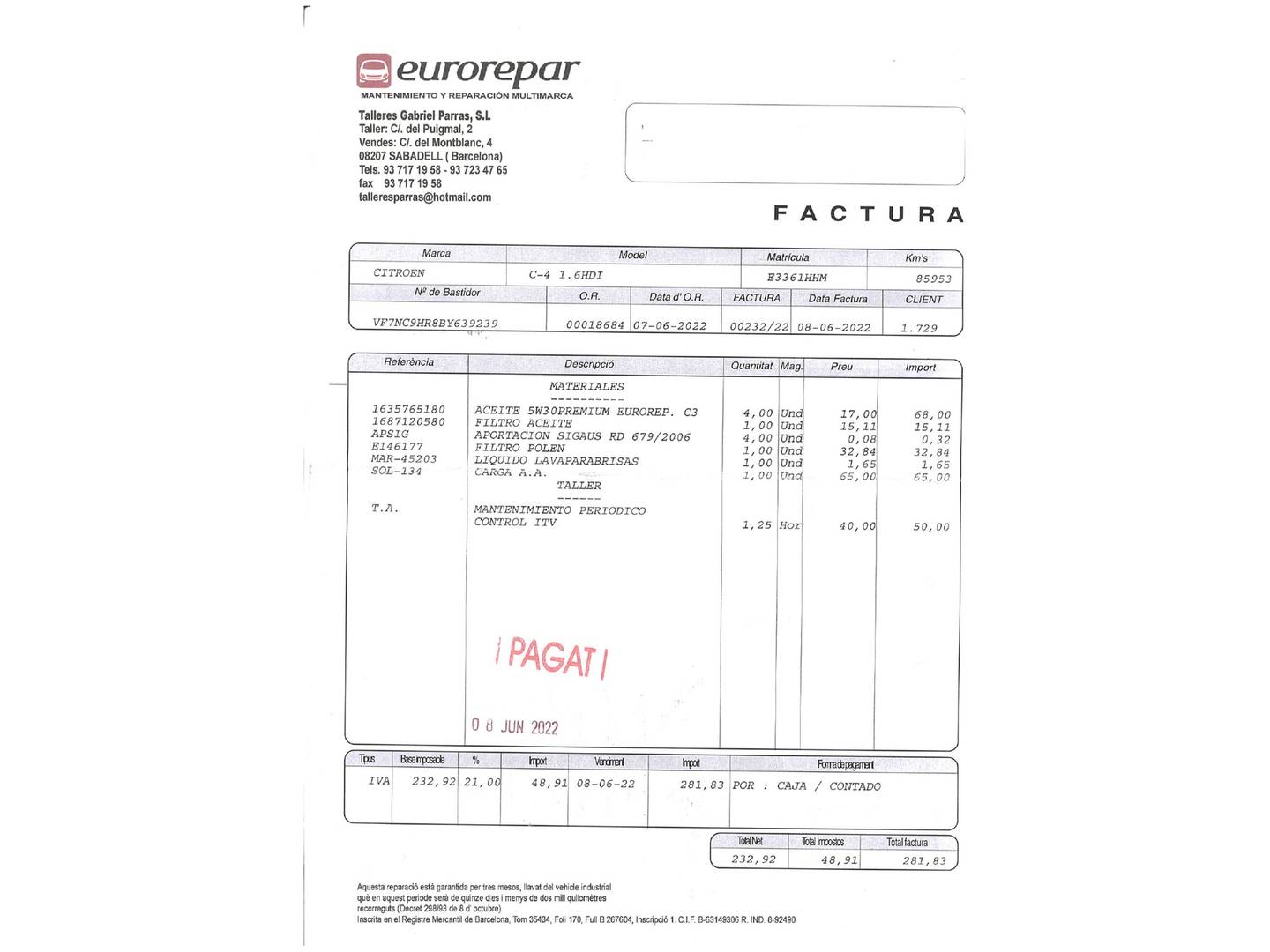 Foto del mantenimiento del Citroën C4 Citroën C4 1.6 e-HDI Collection CMP (112 CV)
