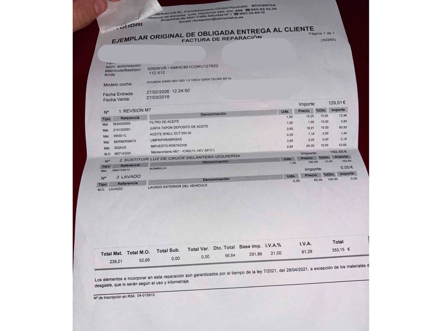 Foto del mantenimiento del Hyundai IONIQ Hyundai Ioniq 1.6 GDI HEV Tecno DCT (141 CV)