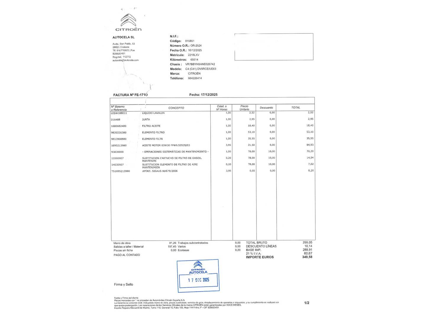 Foto del mantenimiento del Citroën C4 Citroen C4 BlueHDi 110 S&S Feel (110 CV)