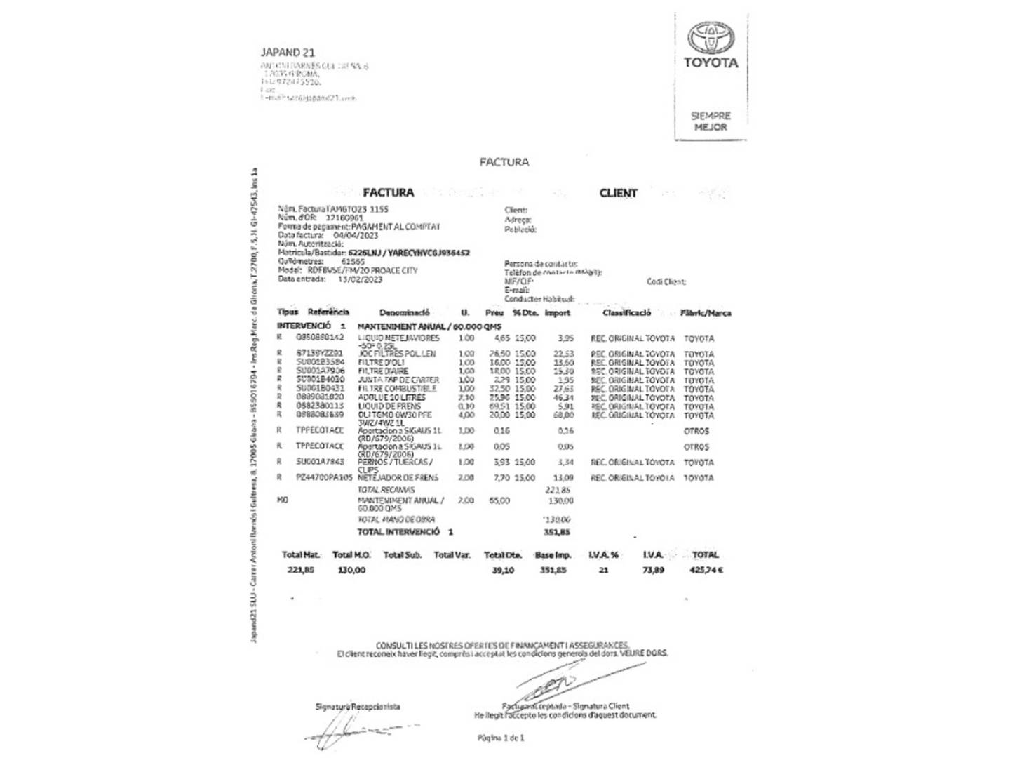 Foto del mantenimiento del Toyota Proace City Toyota Proace City 1.5 D VX L1 (102 CV)