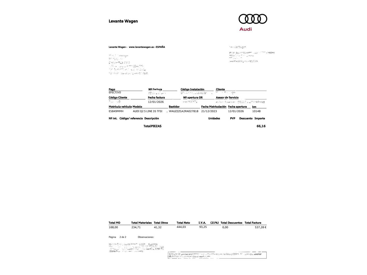 Foto del mantenimiento del Audi Q2 Audi Q2 Black line 35 TFSI (150 CV) S tronic