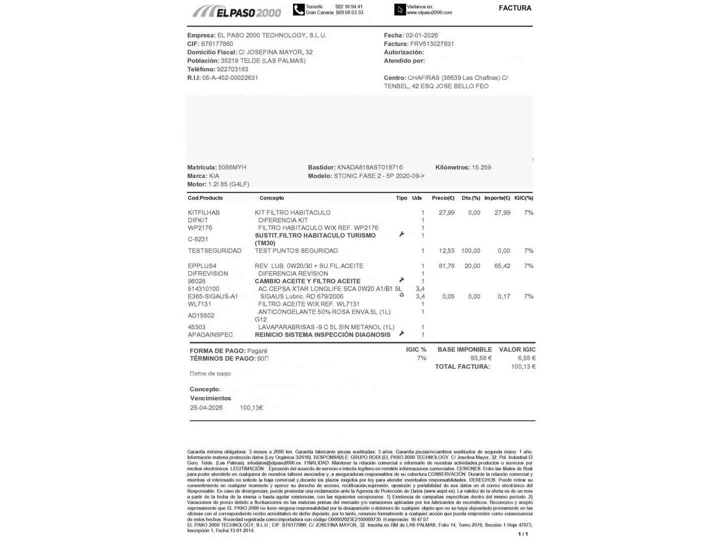 Foto del mantenimiento del KIA Stonic KIA Stonic 1.2 DPi Drive (79 CV)
