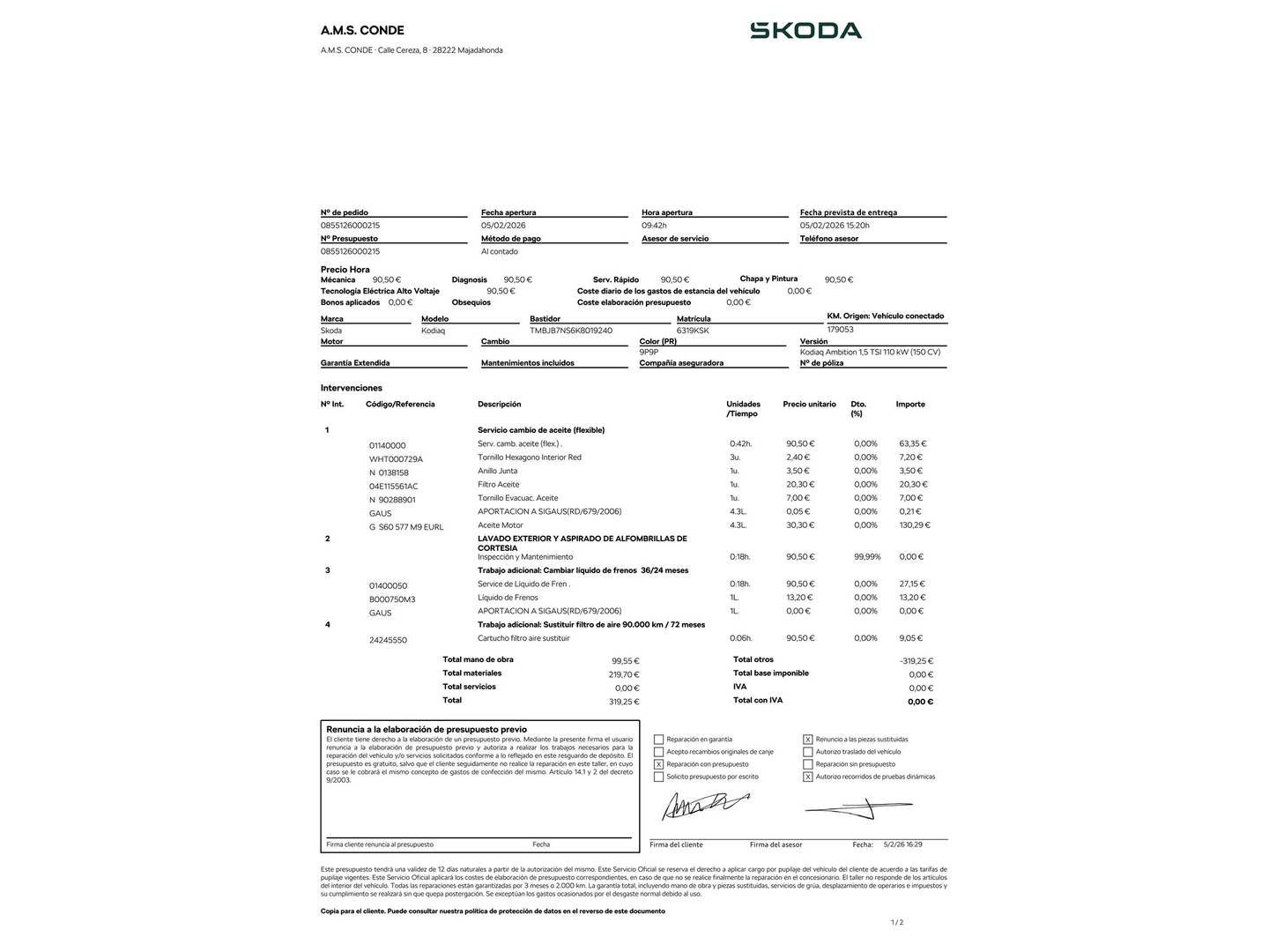 Foto del mantenimiento del Skoda Kodiaq Skoda Kodiaq 1.5 TSI Ambition 4x2 DSG (150 CV)