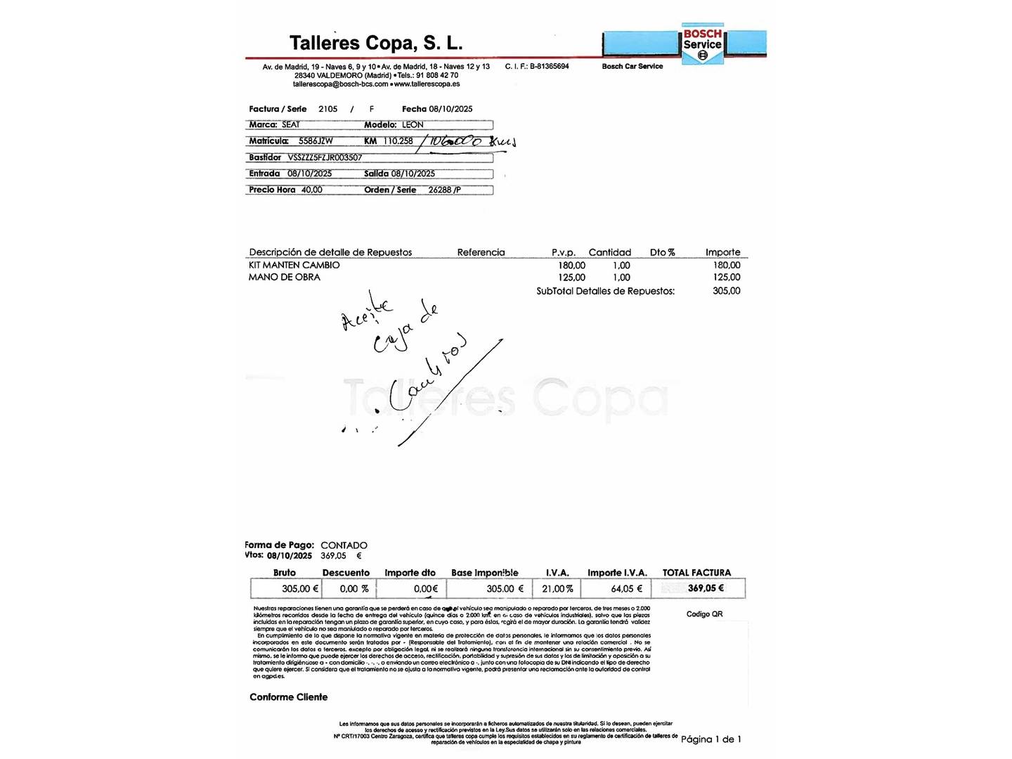Foto del mantenimiento del Seat León SEAT León 2.0 TDI FR Plus DSG (150 CV)