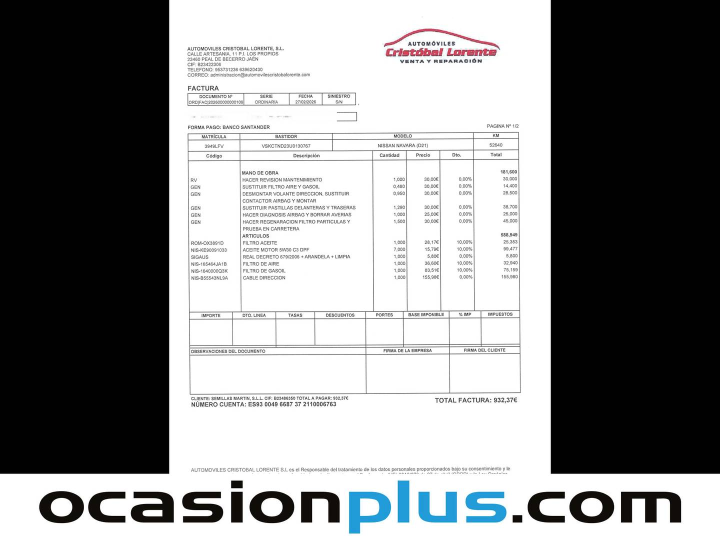 Foto del mantenimiento del Nissan Navara Nissan Navara 2.3 dCi Doble Cabina Acenta (163 CV)