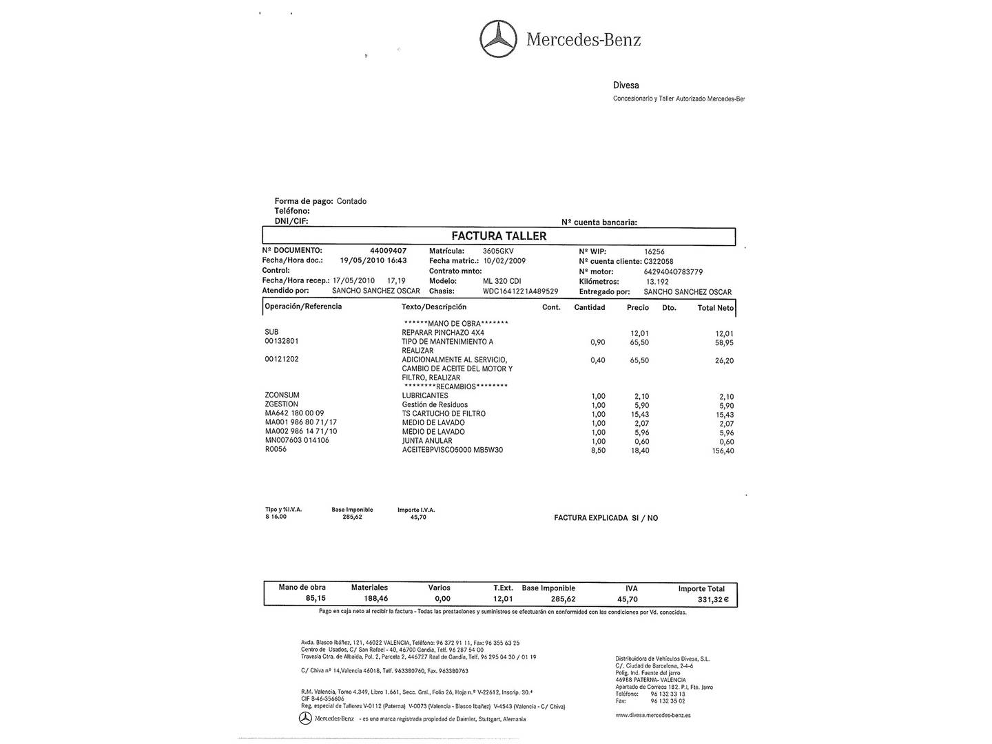 Foto del mantenimiento del Mercedes Clase M Mercedes Clase M ML 320 CDI Edition 10 (224 CV)