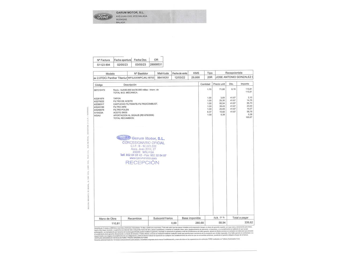 Foto del mantenimiento del Ford S-MAX Ford S-Max 2.0 TDCI Panther Titanium Powershift (150 CV) 7 Plazas