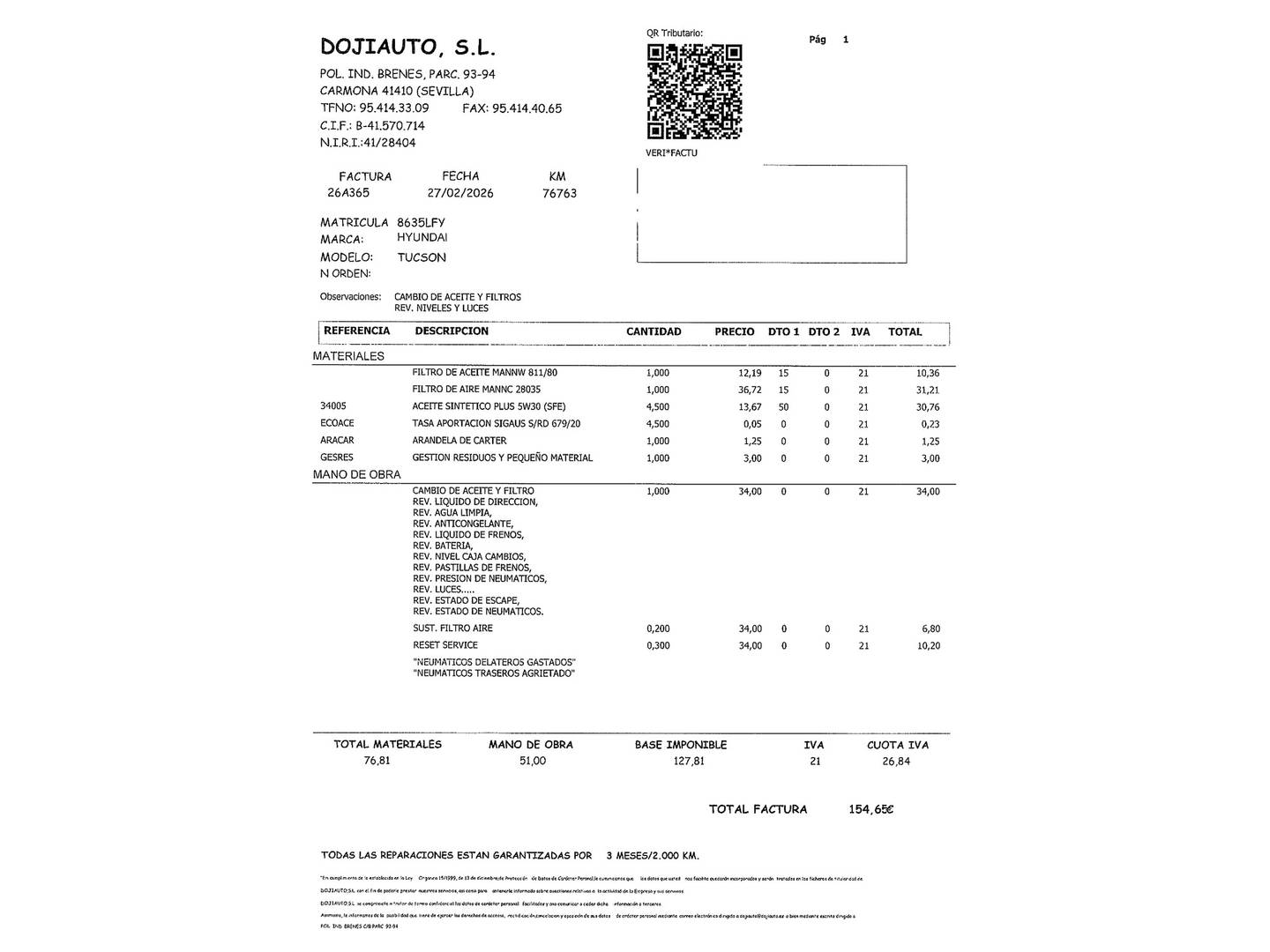 Foto del mantenimiento del Hyundai Tucson Hyundai Tucson 1.6 TGDI N-Line 4x2 (177 CV)