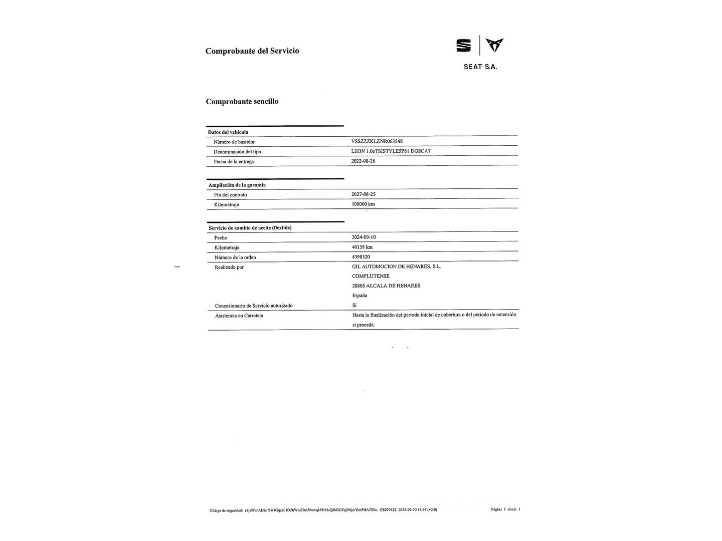 Foto del mantenimiento del Seat León Seat León 1.0 eTSI S&S Style Go S DSG (110 CV)