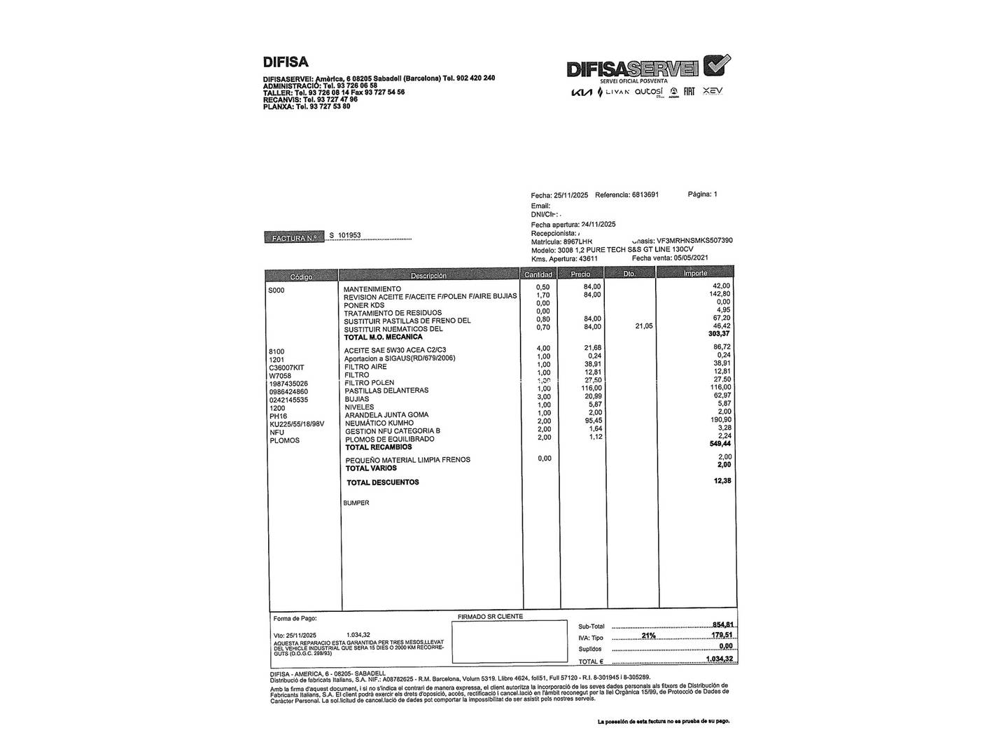 Foto del mantenimiento del Peugeot 3008 Peugeot 3008 PureTech 130 S&S GT Line (130 CV)