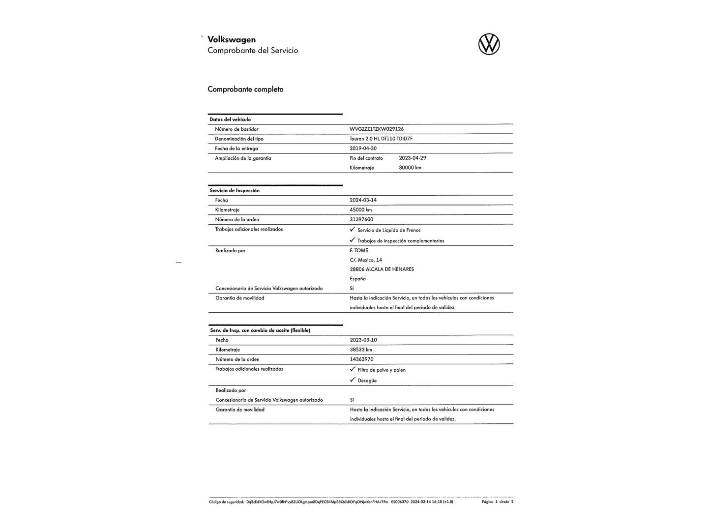 Foto del mantenimiento del Volkswagen Touran Volkswagen Touran Sport 2.0 TDI (150 CV) DSG R-Line