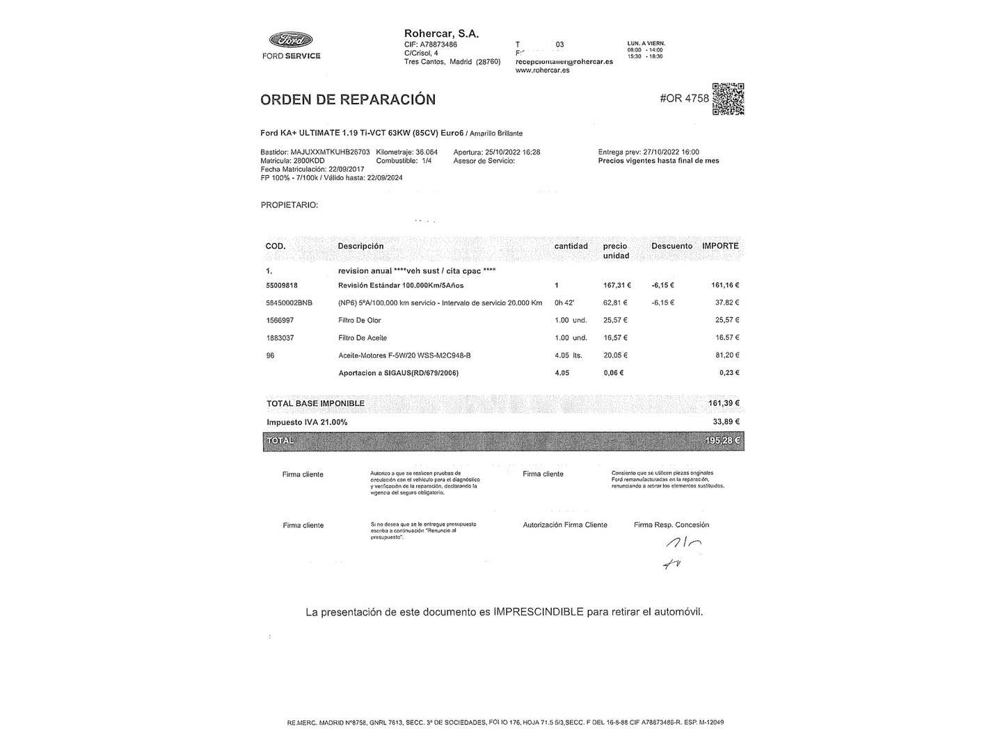 Foto del mantenimiento del Ford Ka+ Ford Ka+ 1.2 Ti-VCT Ultimate (85 CV)