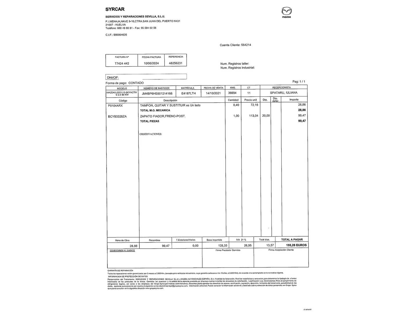 Foto del mantenimiento del Mazda Mazda3 Mazda Mazda 3 2.0 Skyactiv-G Evolution (122 CV)
