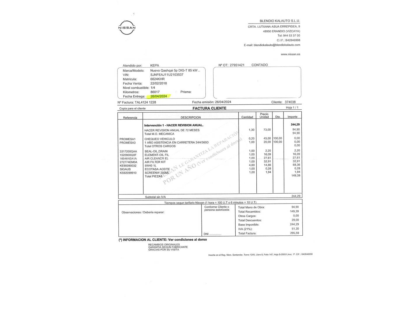 Foto del mantenimiento del Nissan QASHQAI Nissan Qashqai DIG-T 115 N-Connecta Xtronic (115 CV)