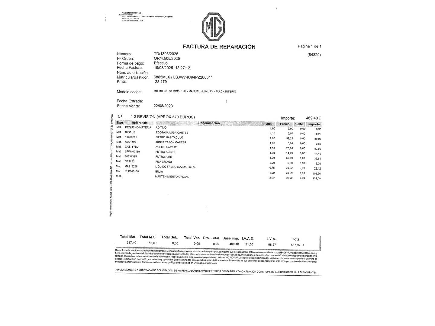 Foto del mantenimiento del MG ZS MG ZS 1.5 Luxury (106 CV)