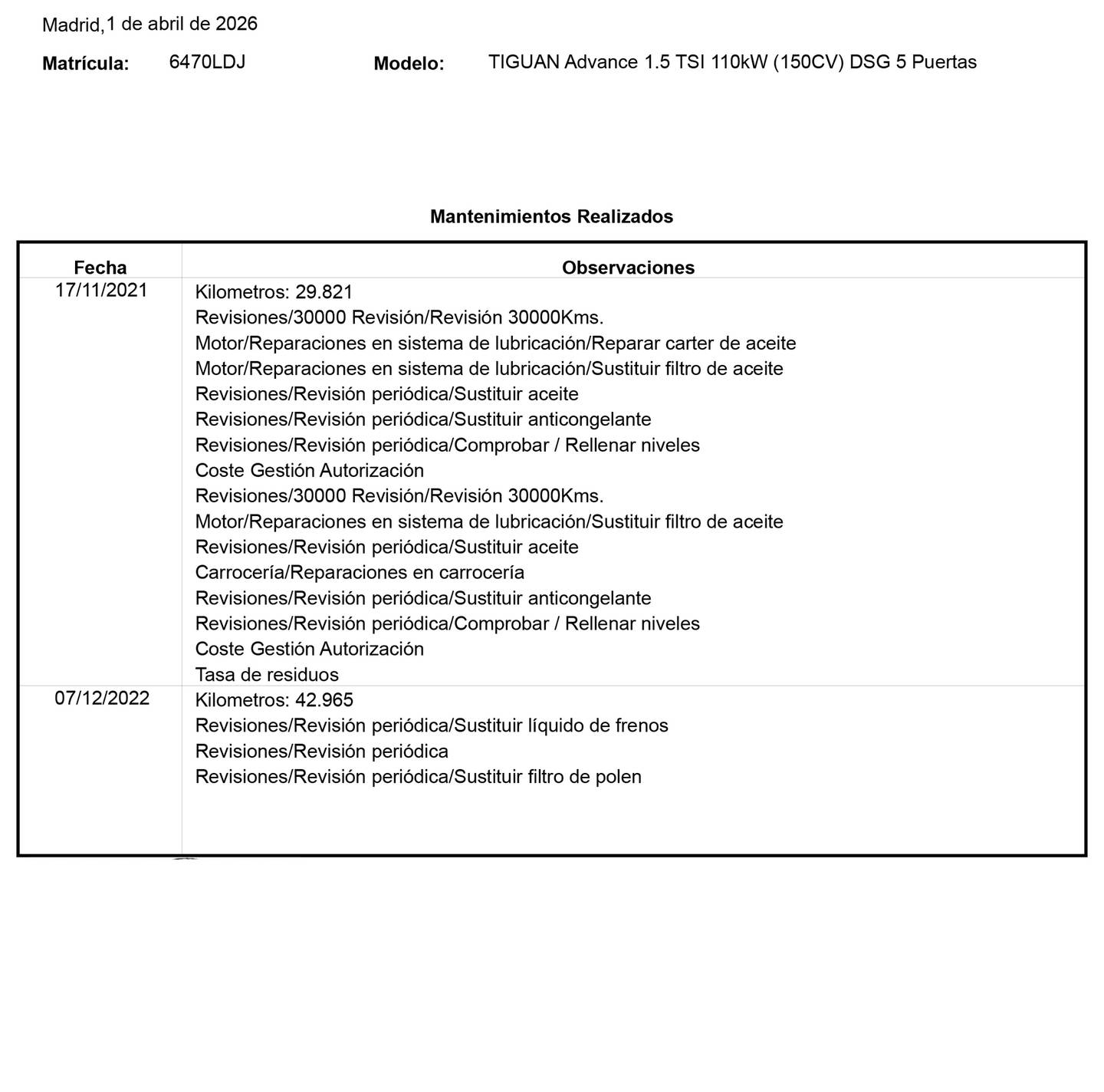Foto del mantenimiento del Volkswagen Tiguan Volkswagen Tiguan Advance 1.5 TSI (150 CV) DSG Pack R-Line