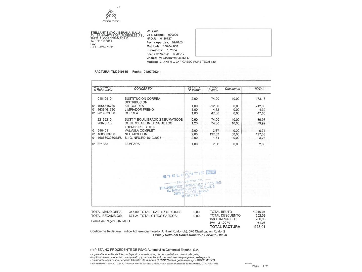 Foto del mantenimiento del Citroën Grand C4 Picasso Citroën Grand C4 Picasso PureTech 130 S&S Feel (130 CV) 7 Plazas