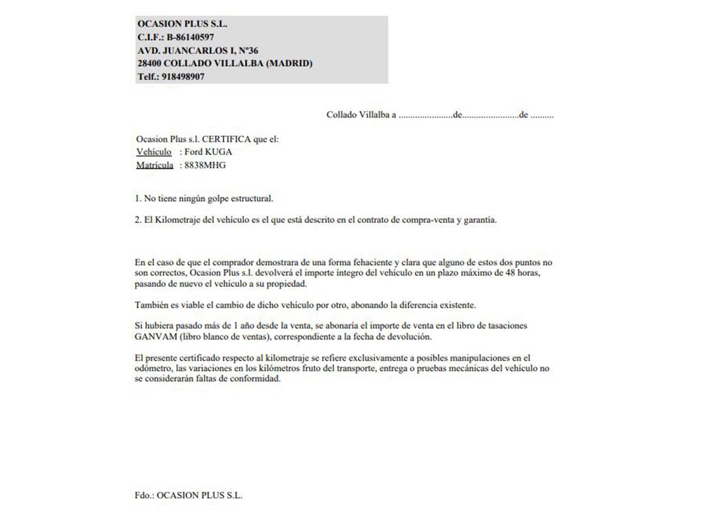 Foto del certificado del Ford Kuga Ford Kuga 1.5 EcoBoost ST-Line (150 CV)