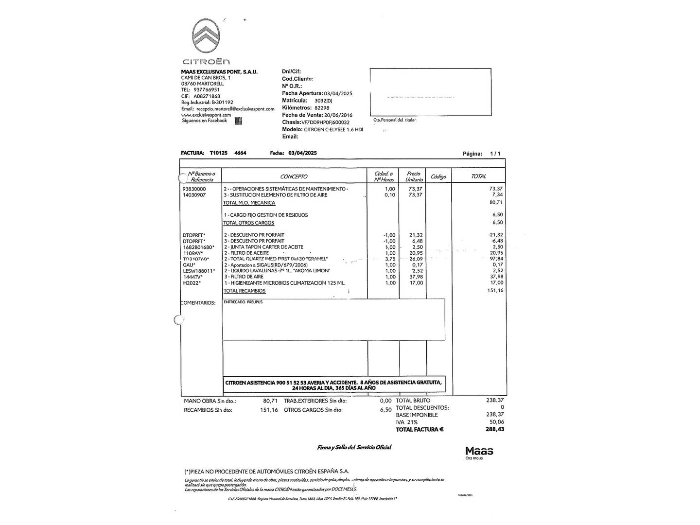 Foto del mantenimiento del Citroën C-Elysée Citroën C-Elysee HDi 90 Seduction (92 CV)