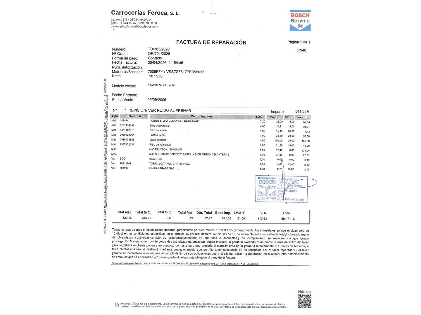 Foto del mantenimiento del Seat Ibiza Seat Ibiza 1.4 16v Hit (85 CV)
