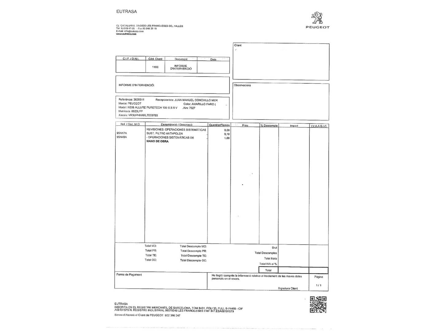Foto del mantenimiento del Peugeot 208 Peugeot 208 PureTech 100 Allure (100 CV)
