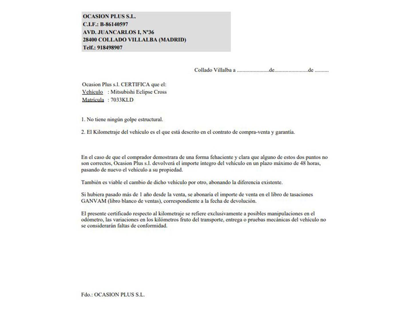 Foto del certificado del Mitsubishi Eclipse Cross Mitsubishi Eclipse Cross 150T Motion 2WD CVT (163 CV)