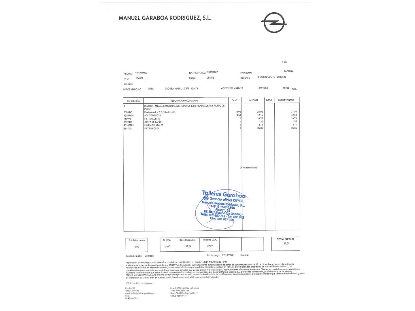 Foto del mantenimiento del Opel Crossland X Opel Grandland X 1.2 Turbo S&S Selective (130 CV)