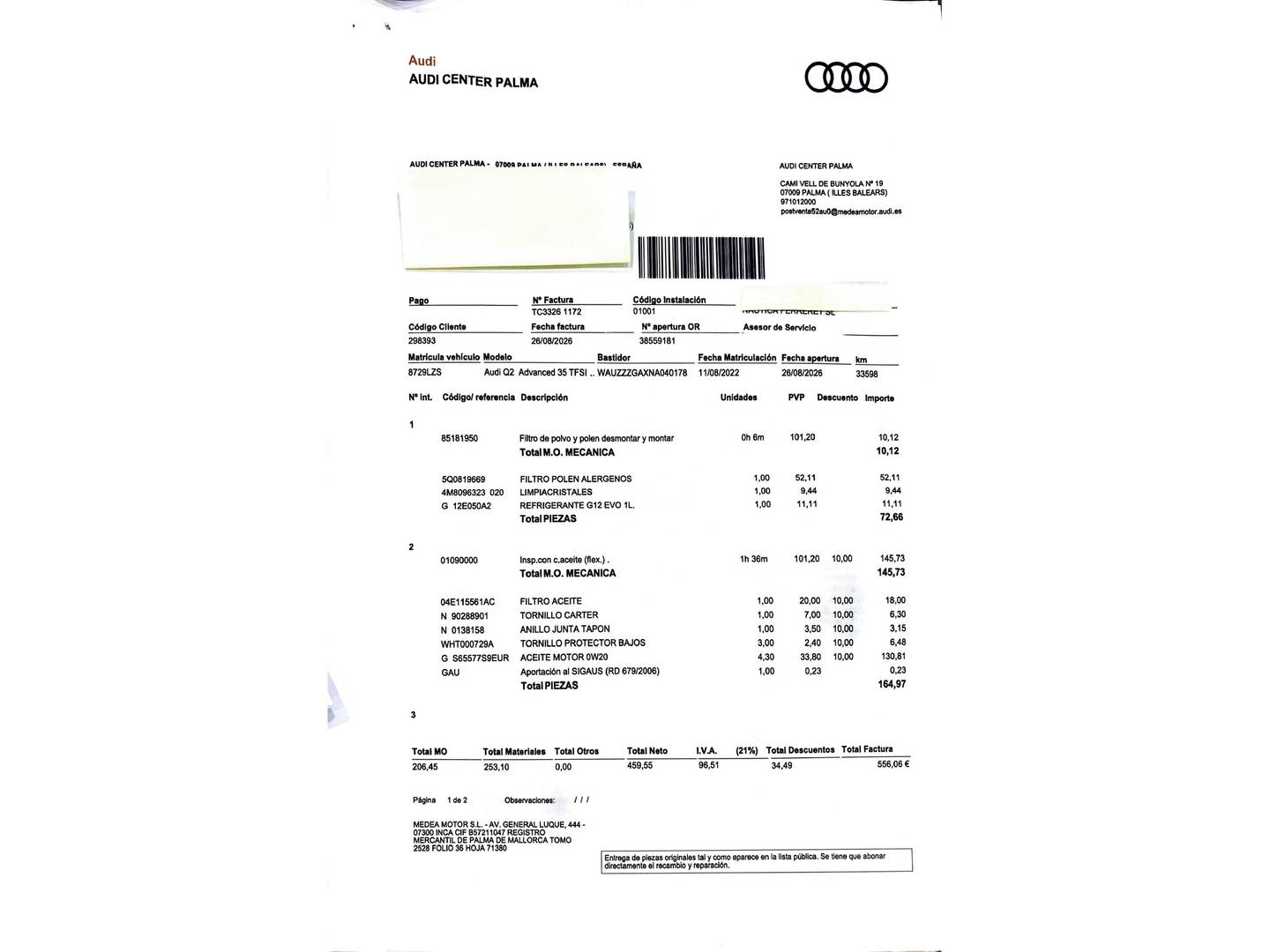 Foto del mantenimiento del Audi Q2 Audi Q2 Advanced 35 TFSI (150 CV)
