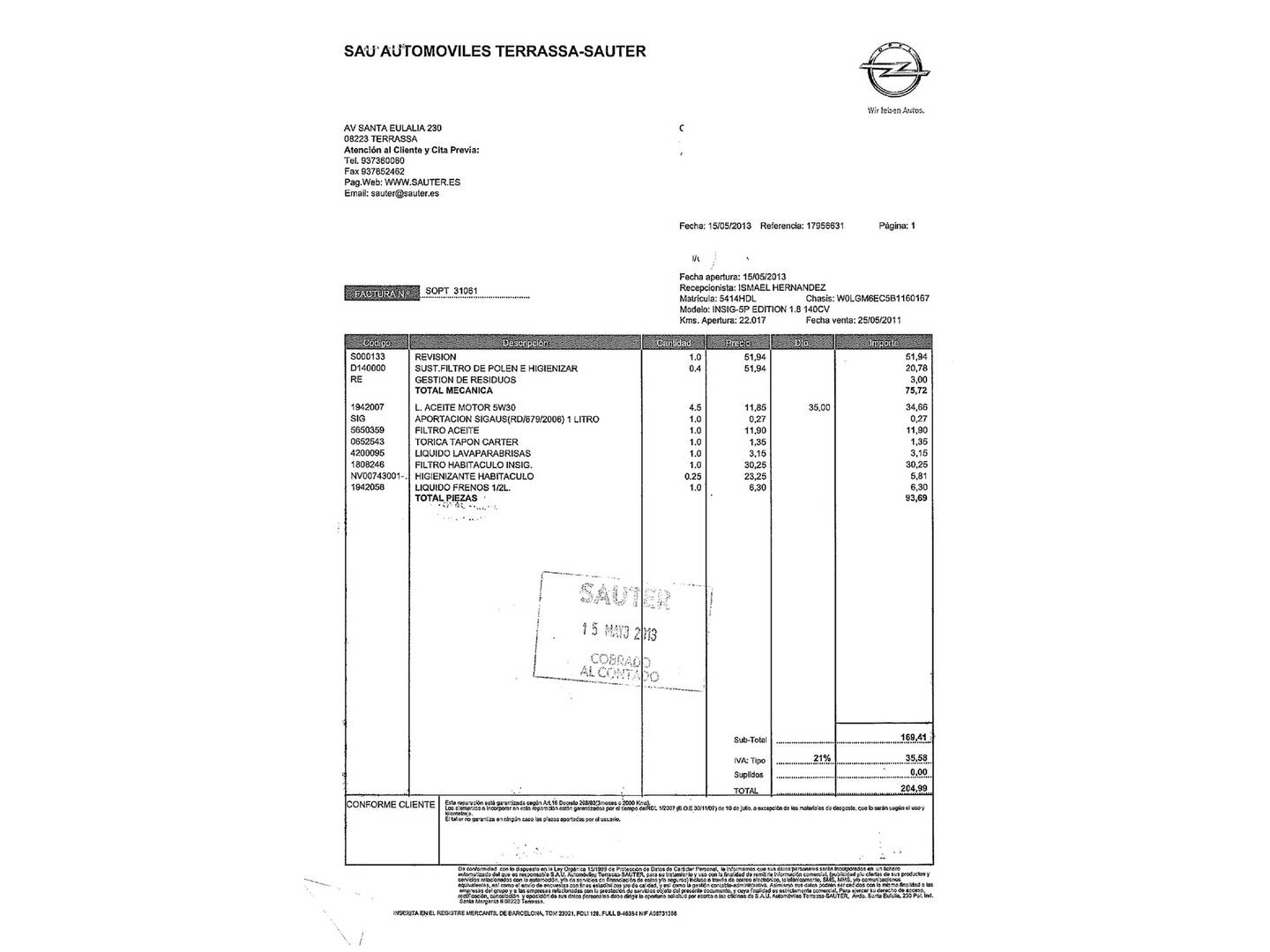 Foto del mantenimiento del Opel Insignia Opel Insignia 1.8 16v Edition (140 CV)