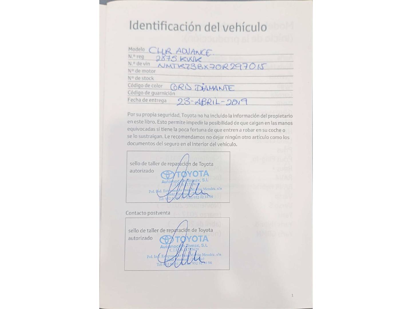 Foto del mantenimiento del Toyota C-HR Toyota C-HR 1.8 125H Advance (122 CV)