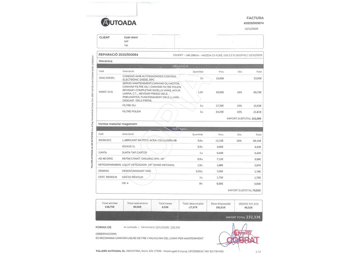 Foto del mantenimiento del Mazda CX-5 Mazda CX-5 2.2 DE Luxury 2WD (150 CV)