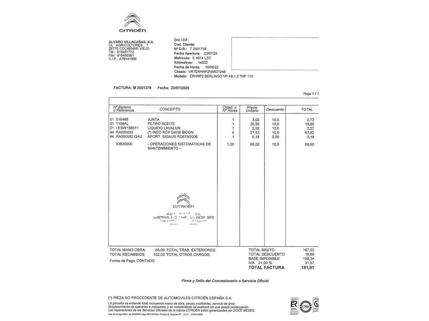 Foto del mantenimiento del Citroën Berlingo Citroën Berlingo PureTech 110 S&S Talla M Feel (110 CV)