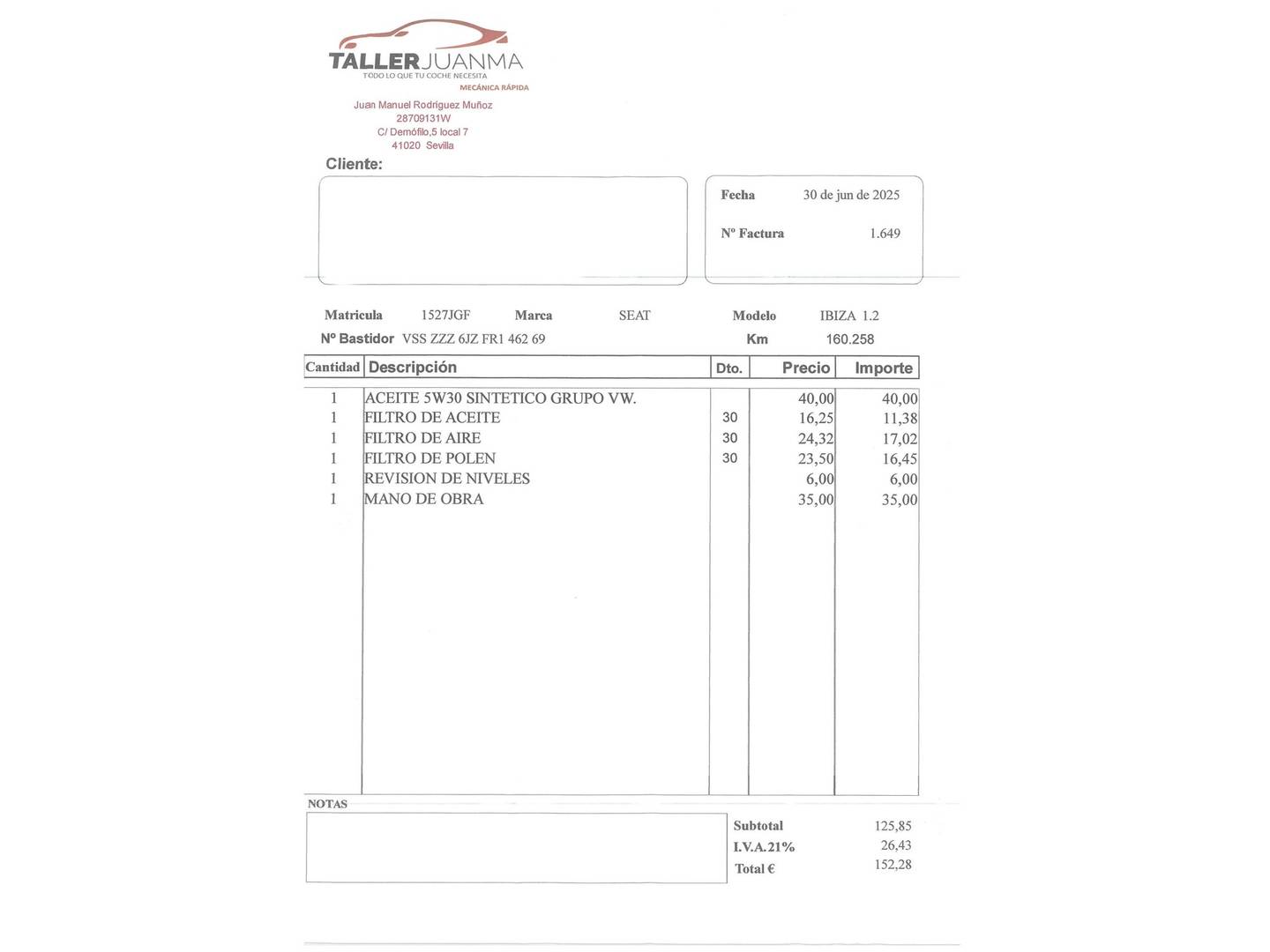 Foto del mantenimiento del Seat Ibiza Seat Ibiza SC 1.2 12v Reference (70 CV)