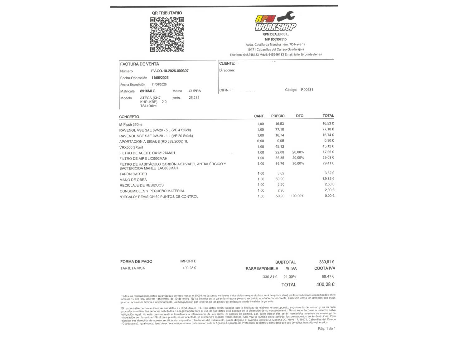 Foto del mantenimiento del Cupra Ateca Cupra Ateca 2.0 TSI 4Drive DSG (190 CV)